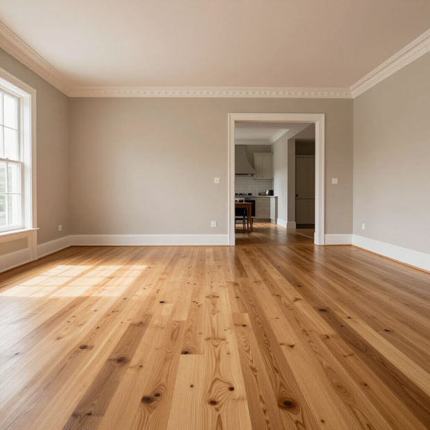 Empty sunlit living room with hardwood floors, beige walls, and a doorway to a kitchen area