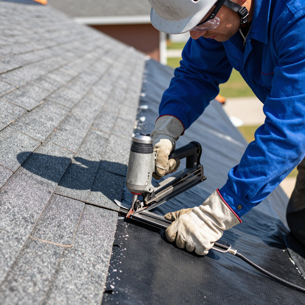 Worker using a nail gun to install shingles on a roof, wearing blue coveralls and a hard hat.