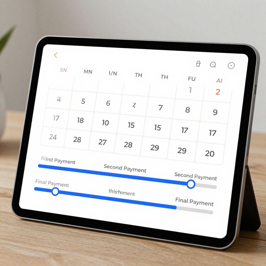 Tablet showing a calendar and payment schedule with blue progress sliders on a white app screen