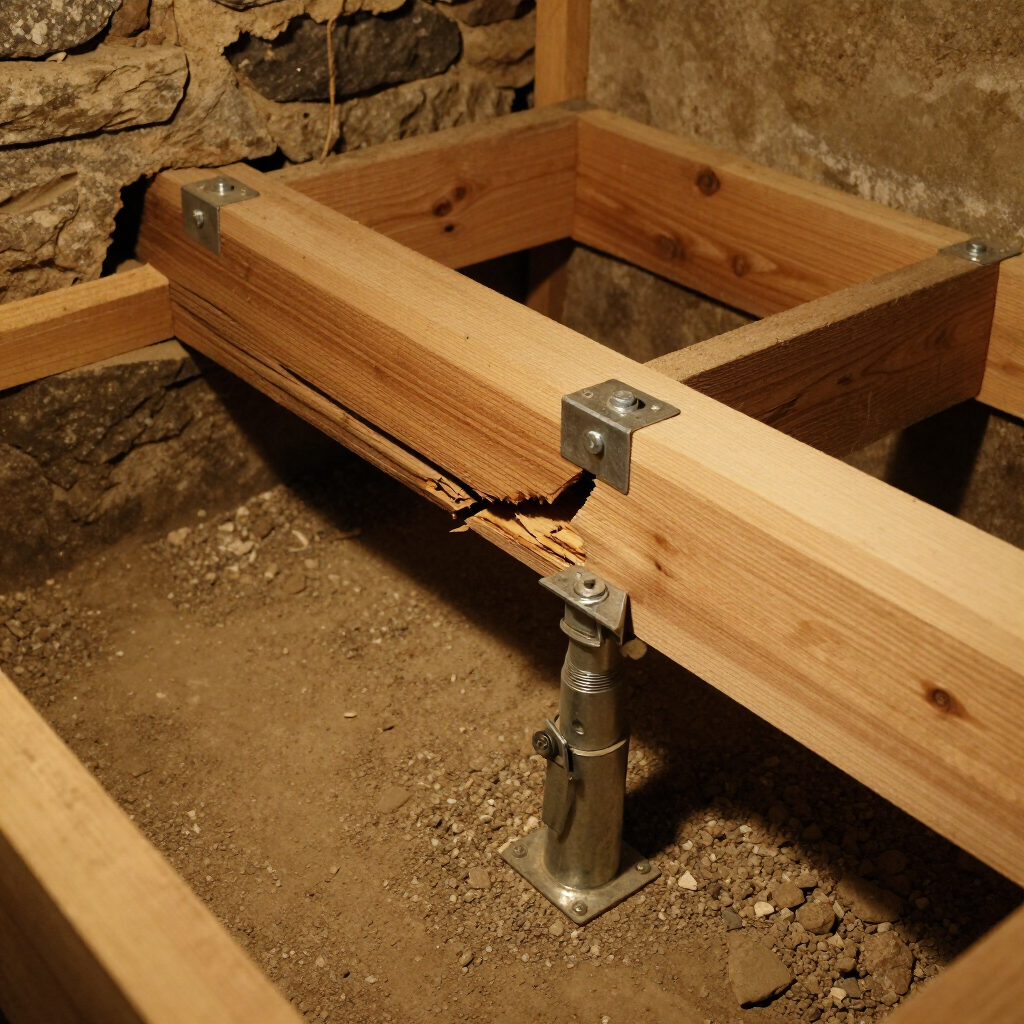 Wooden beam frame with metal brackets and a jack post anchored in a dirt crawl space
