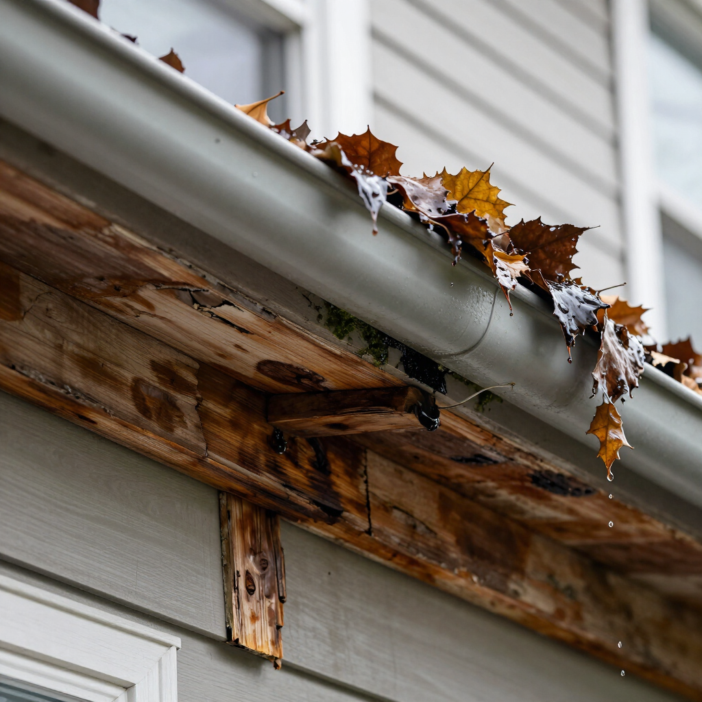 Damaged wooden gutter with peeling trim and leaves caught along the roof edge