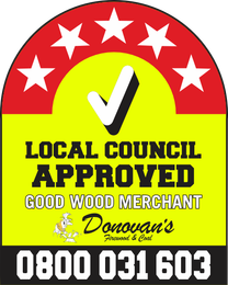 A sign with a red top and yellow bottom, featuring five stars, a checkmark, and text: 