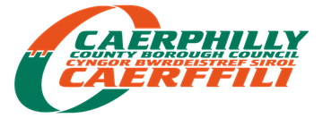 Carrphilly County Borough Council and Caerffili County Borough Council logo in green and orange