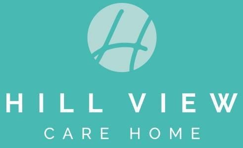 Hill View Care Home logo on a teal background with a stylized H in a circle