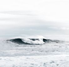Une vague déferlante dans un paysage océanique monochrome et discret. La crête de la vague se courbe, révélant une eau blanche.