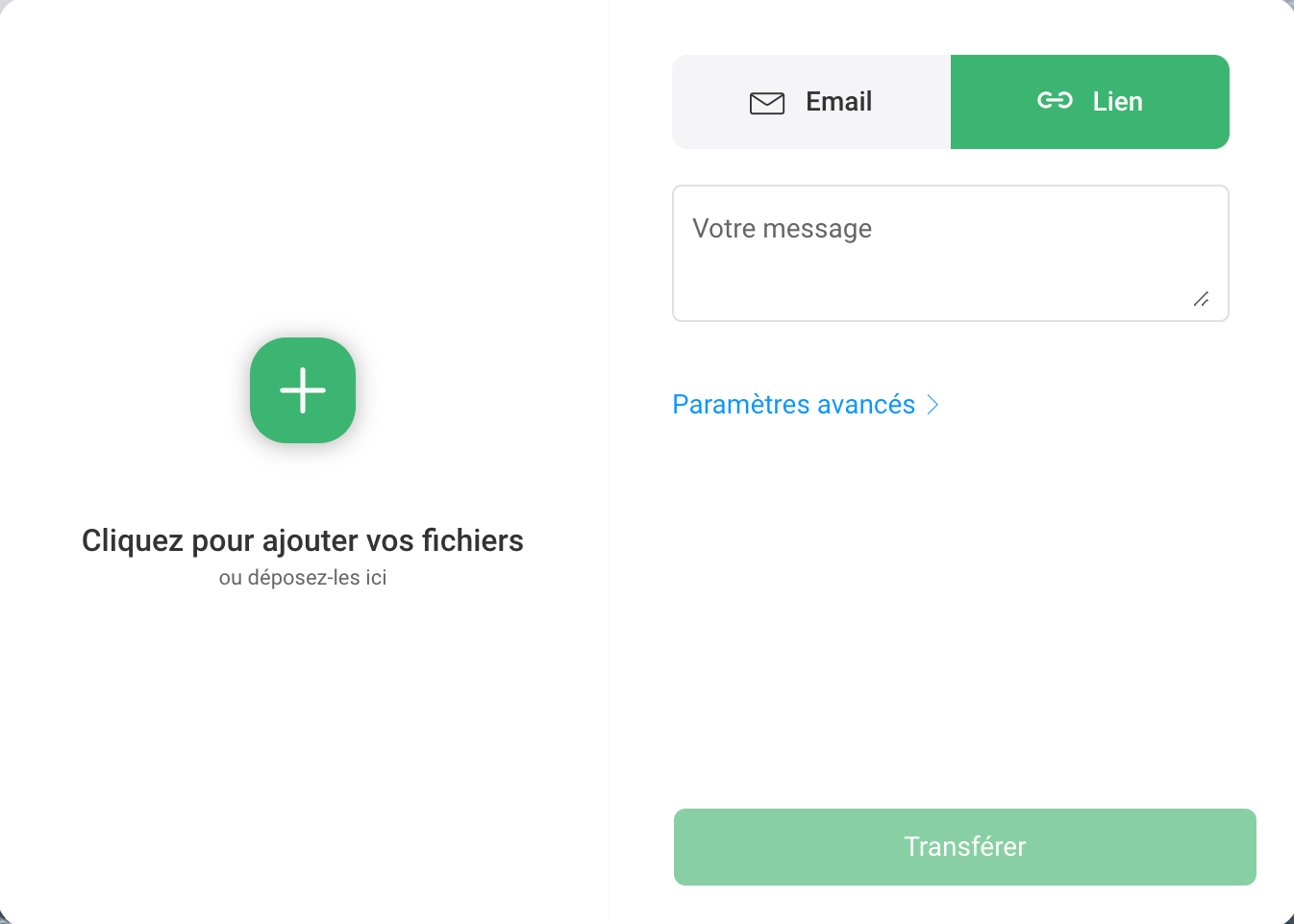 une capture d' écran du site web Swisstransfert avec un bouton de transfert