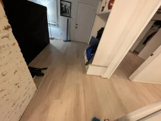 A hallway with hardwood floors and a picture on the wall