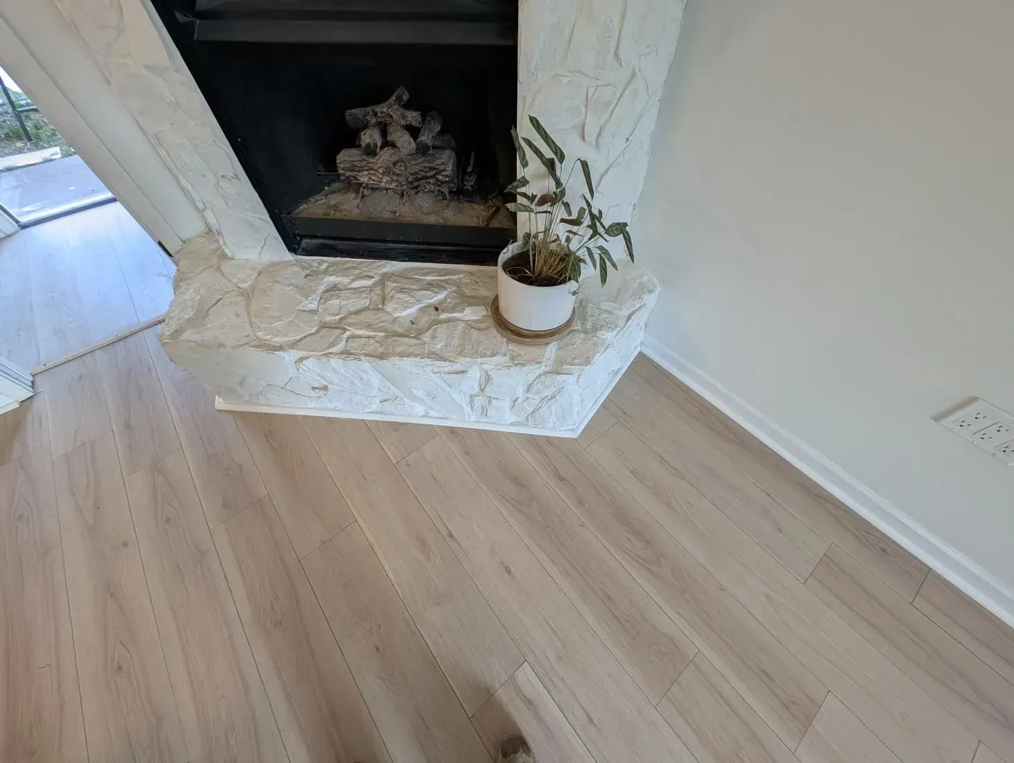 A living room with a fireplace and a potted plant on the corner.