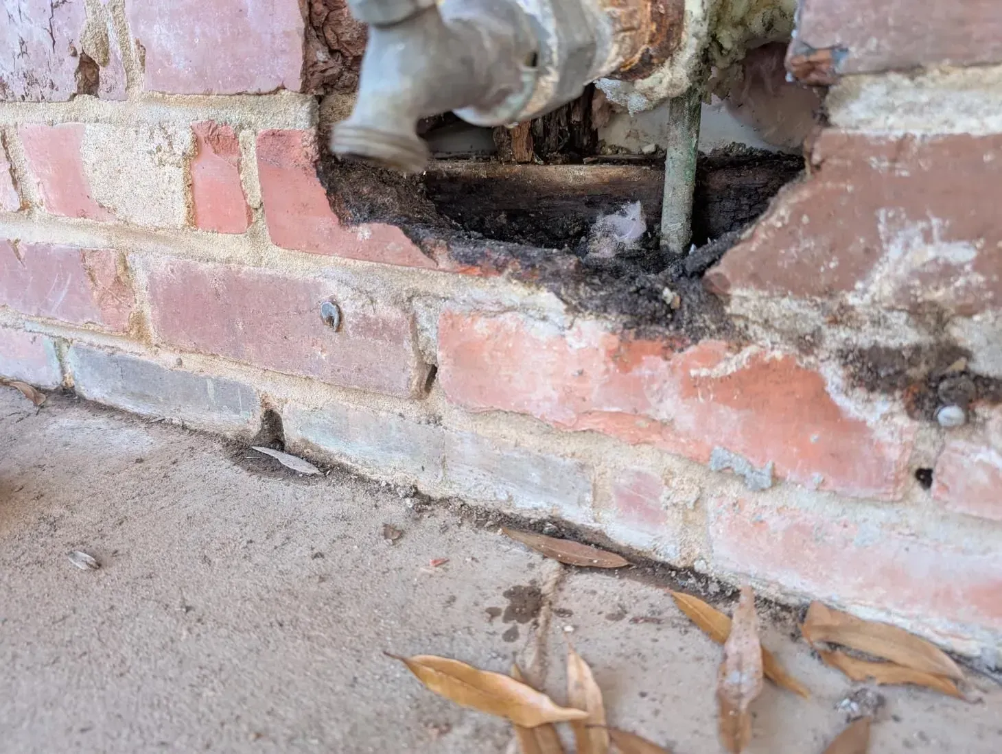 A close up of a brick wall with a pipe coming out of it.