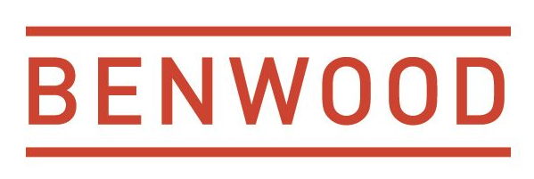 BENWOOD logo in red capital letters with horizontal red lines above and below