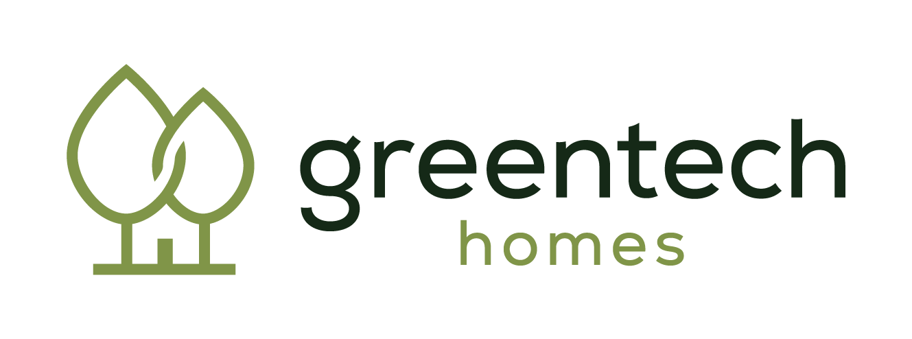 Green and olive logo with leaf tree icon and text “greentech homes”