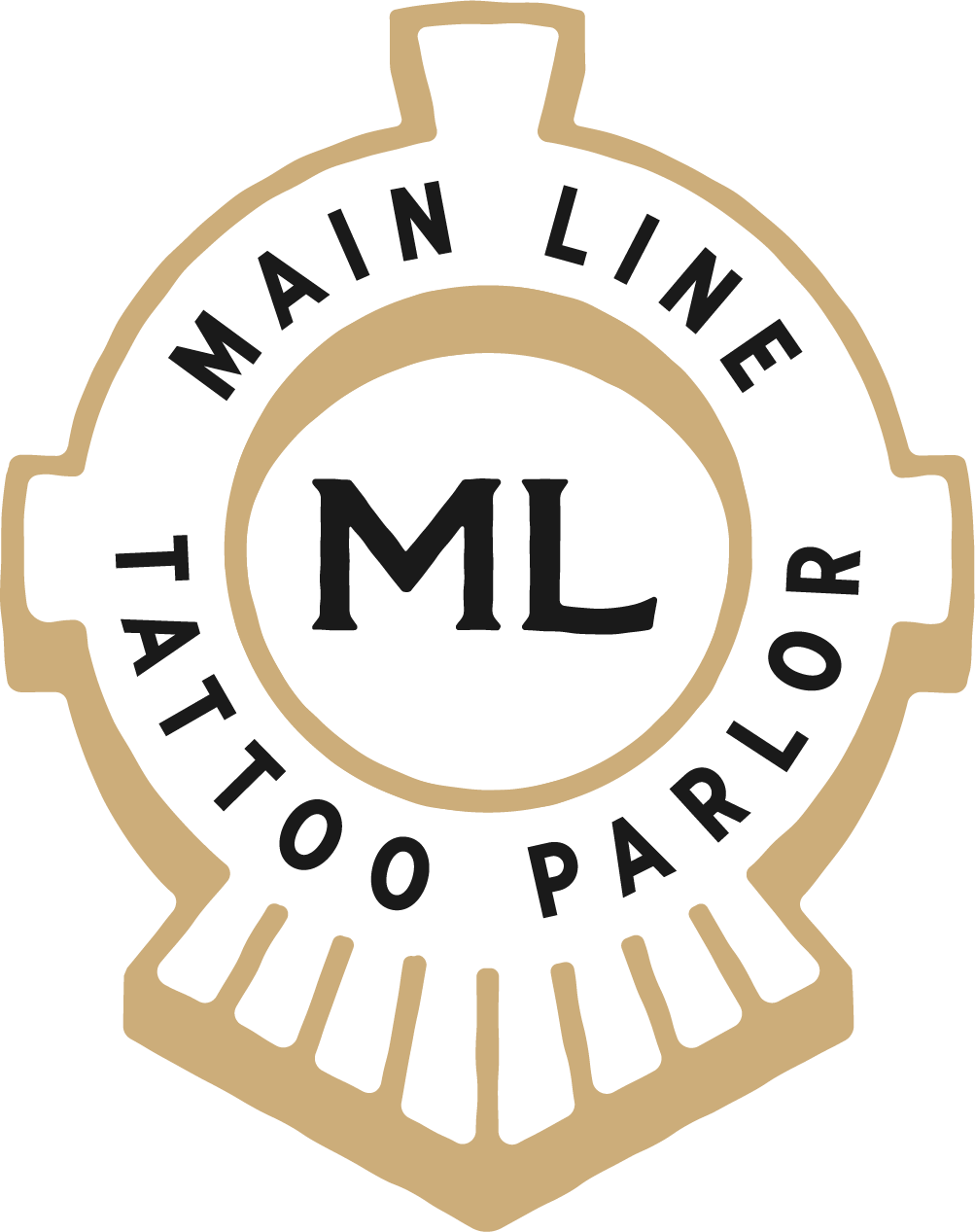 Main Line Tattoo Parlour logo with gold shield, black “ML,” and arched text
