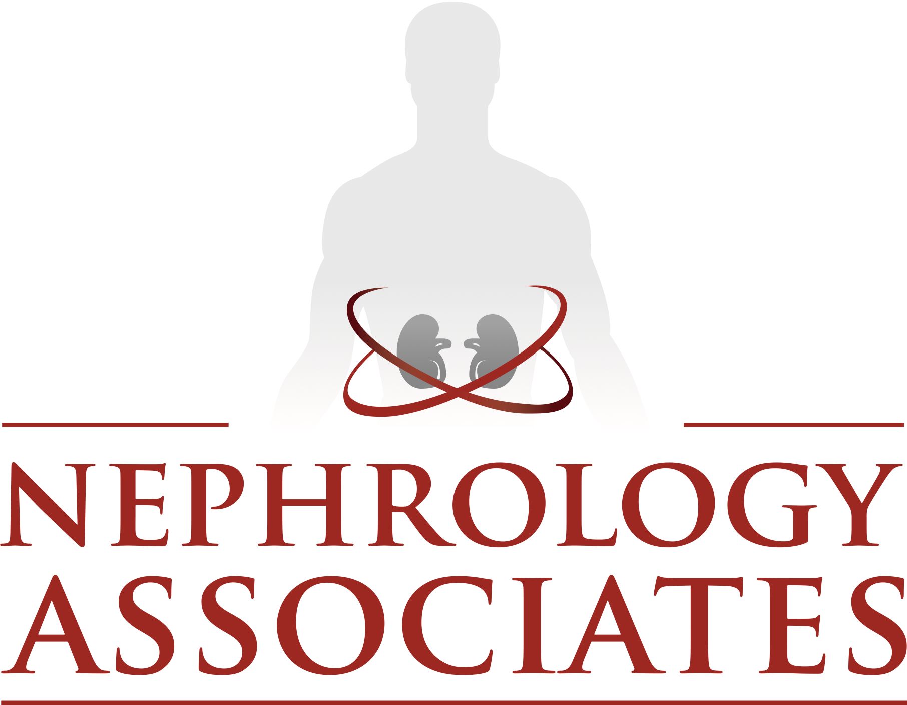 Nephrology Associates logo with gray human silhouette and red kidney graphic over maroon text