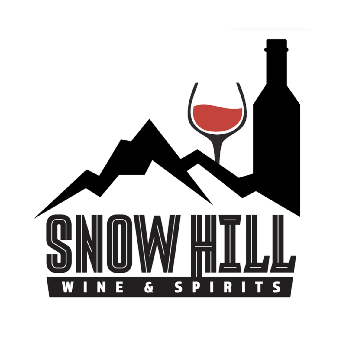 Snow Hill Wine & Spirits logo with mountains, wine glass, and bottle in black, white, and red