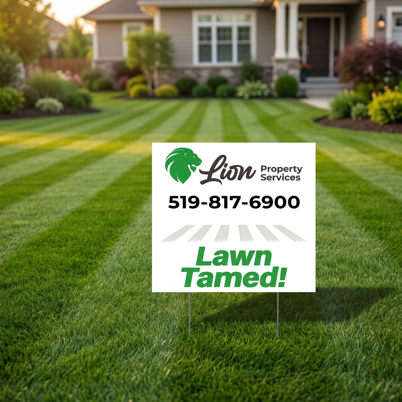 Lawn care sign in a striped green front yard reading “Lion Property Services” and “Lawn Tamed!”