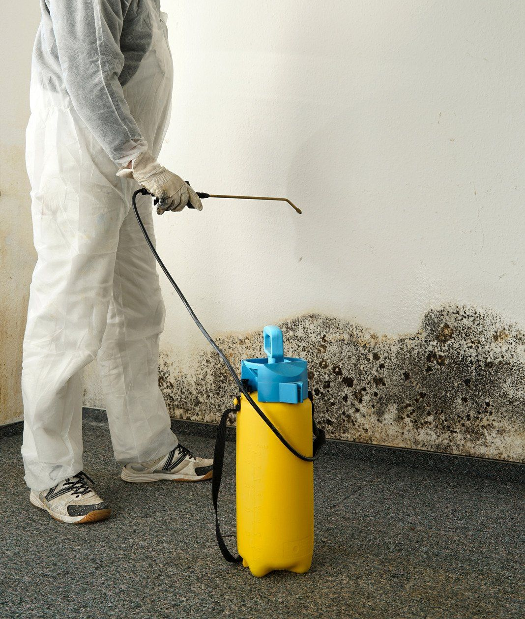 Person in protective suit spraying a mold-covered wall with a yellow sprayer in a room with a patterned floor.