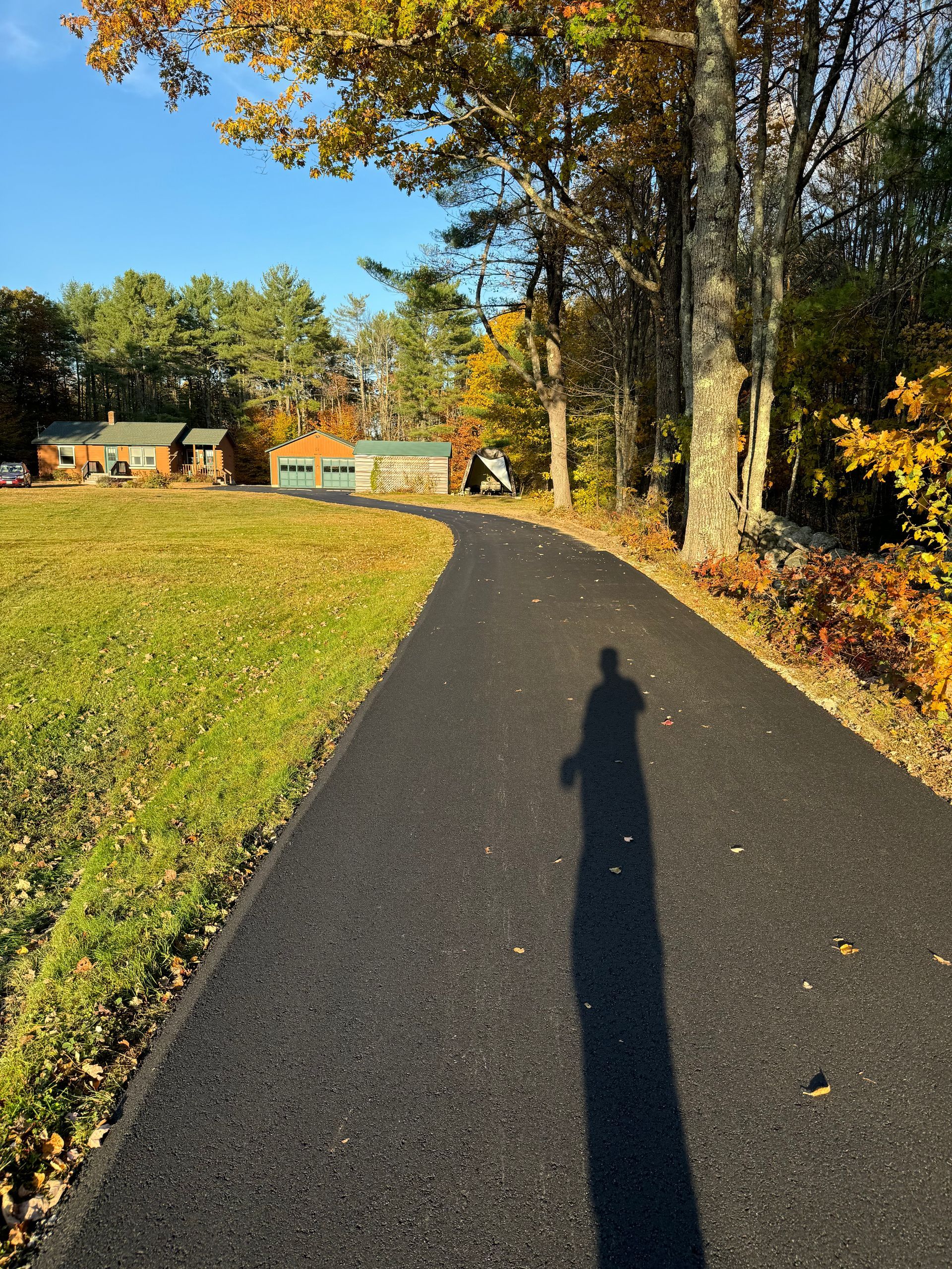 Black asphalt path curves through trees and grass. A shadow falls across the path. Buildings in the distance.