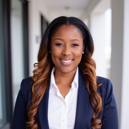 Smiling professional in navy blazer and white shirt in a bright office hallway