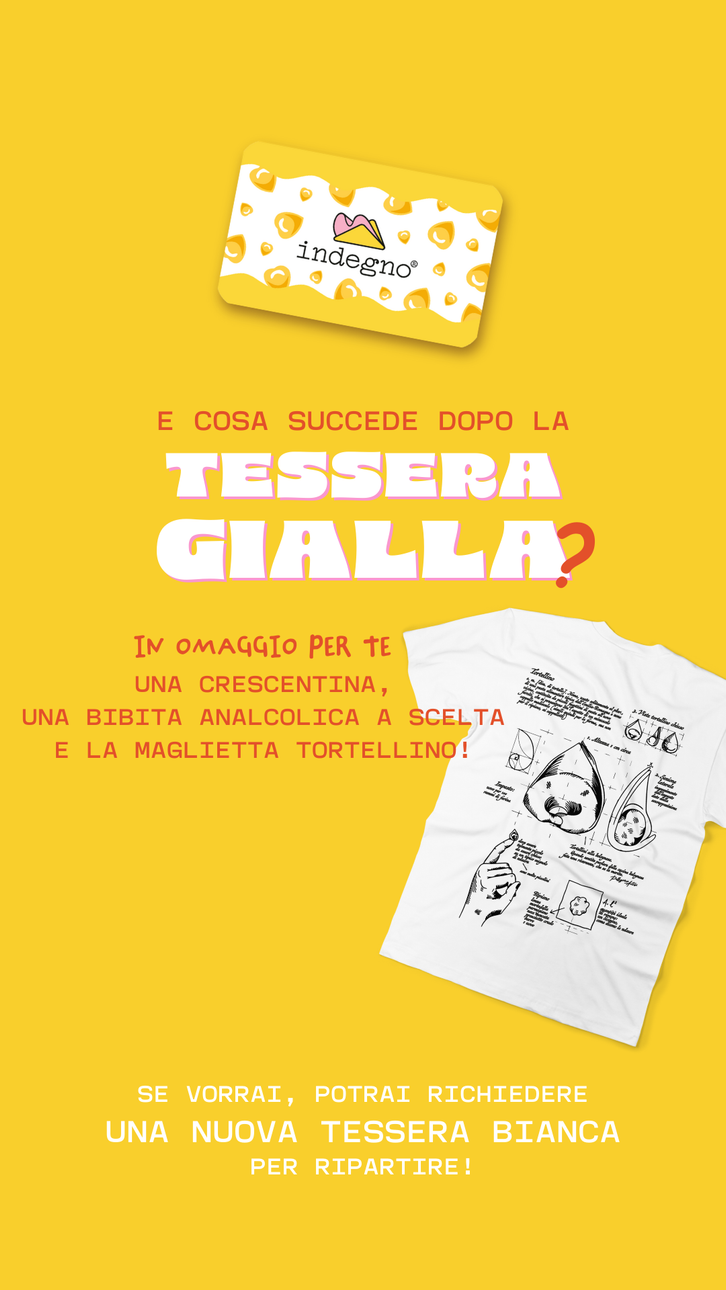 Un volantino promozionale giallo con una carta fedeltà e una maglietta bianca, che illustra i premi per 
