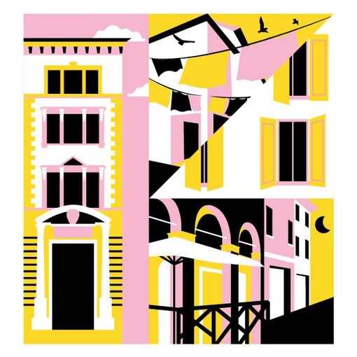 Illustrazione stilizzata di edifici mediterranei nei colori giallo, rosa e nero