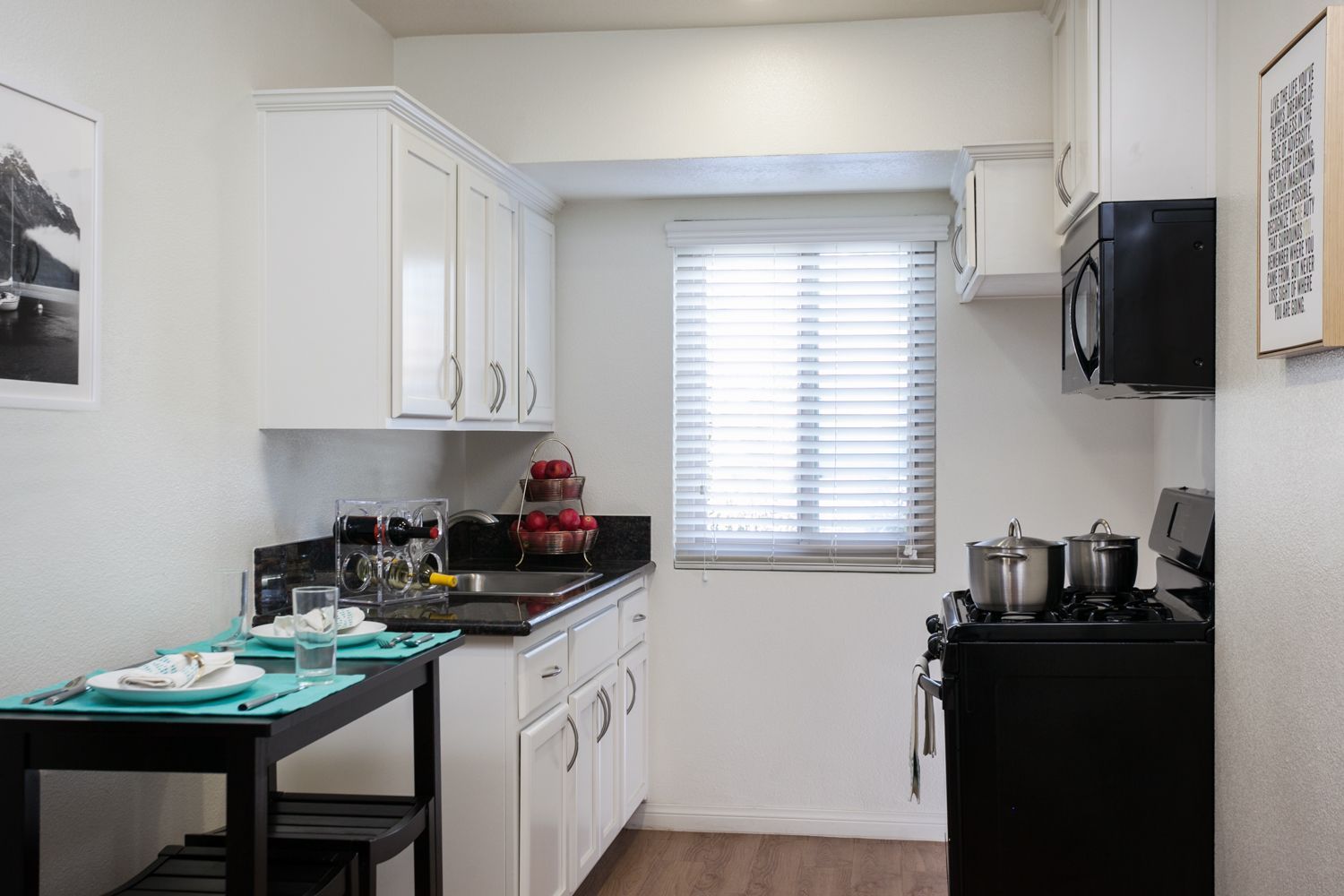 Modern studio with view of kitchen