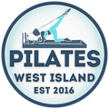 Pilates West Island logo with person exercising on a reformer, blue circular design, est. 2016