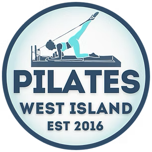 Pilates West Island logo with person exercising on a reformer, blue circular design, est. 2016