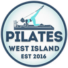 Pilates West Island logo with person exercising on a reformer, blue circular design, est. 2016