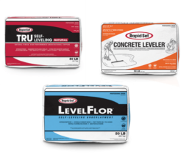 Three Rapid Set product bags: red Tru Self-Leveling, orange Concrete Leveler, and blue LevelFlor.