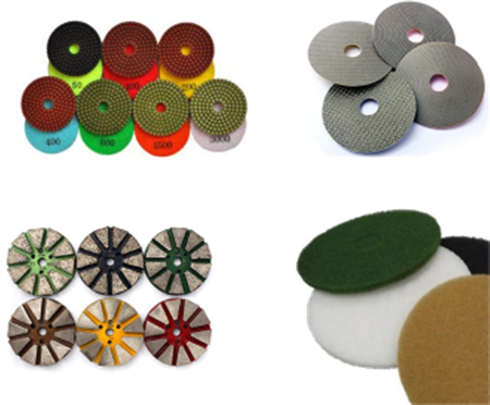 Assorted circular polishing pads and abrasive discs in red, green, gray, black, and tan on white background