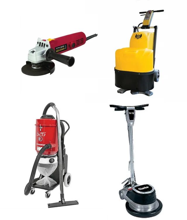 Four cleaning and polishing machines: angle grinder, scrubber, vacuum, and floor polisher.
