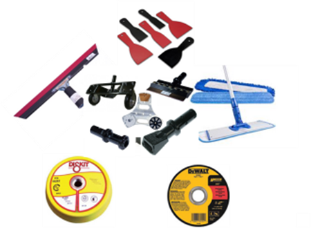 Assorted window cleaning tools and squeegees with two round packaged discs on a white background