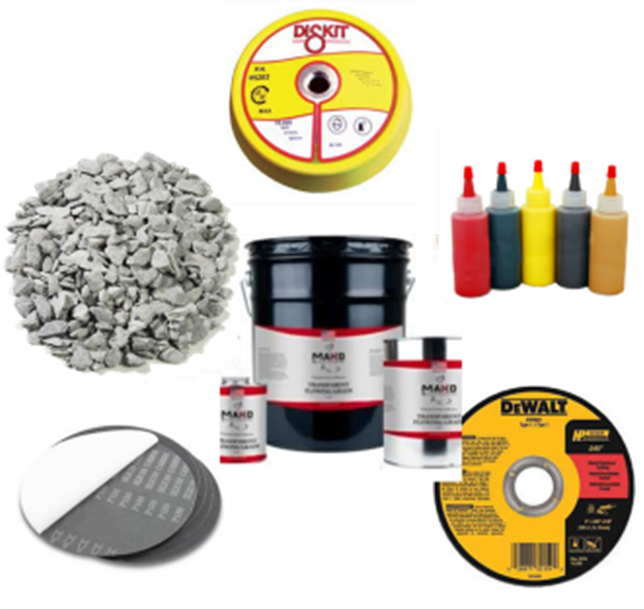 Assorted construction and repair materials: epoxy, grinding disc, rocks, and colored liquid applicator bottles.