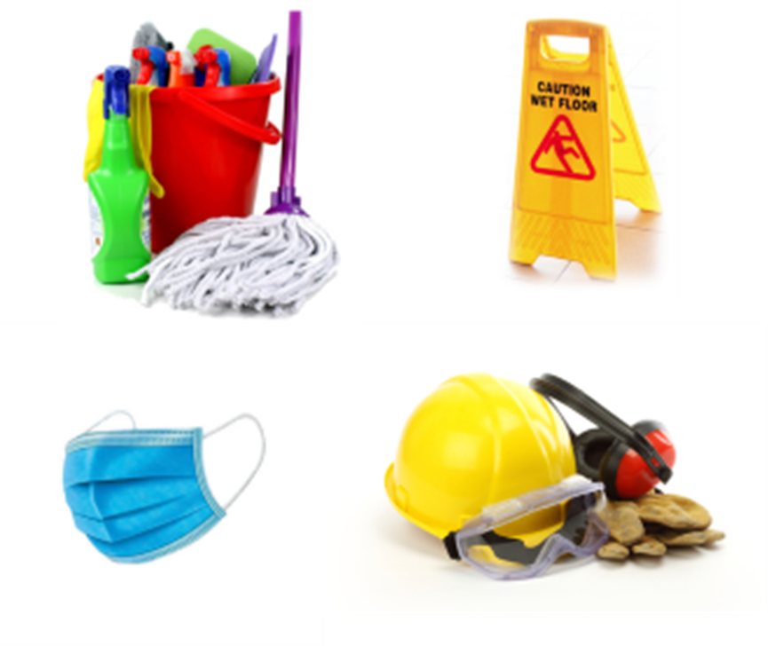 Cleaning supplies, caution wet floor sign, blue mask, and yellow hard hat with ear protection.