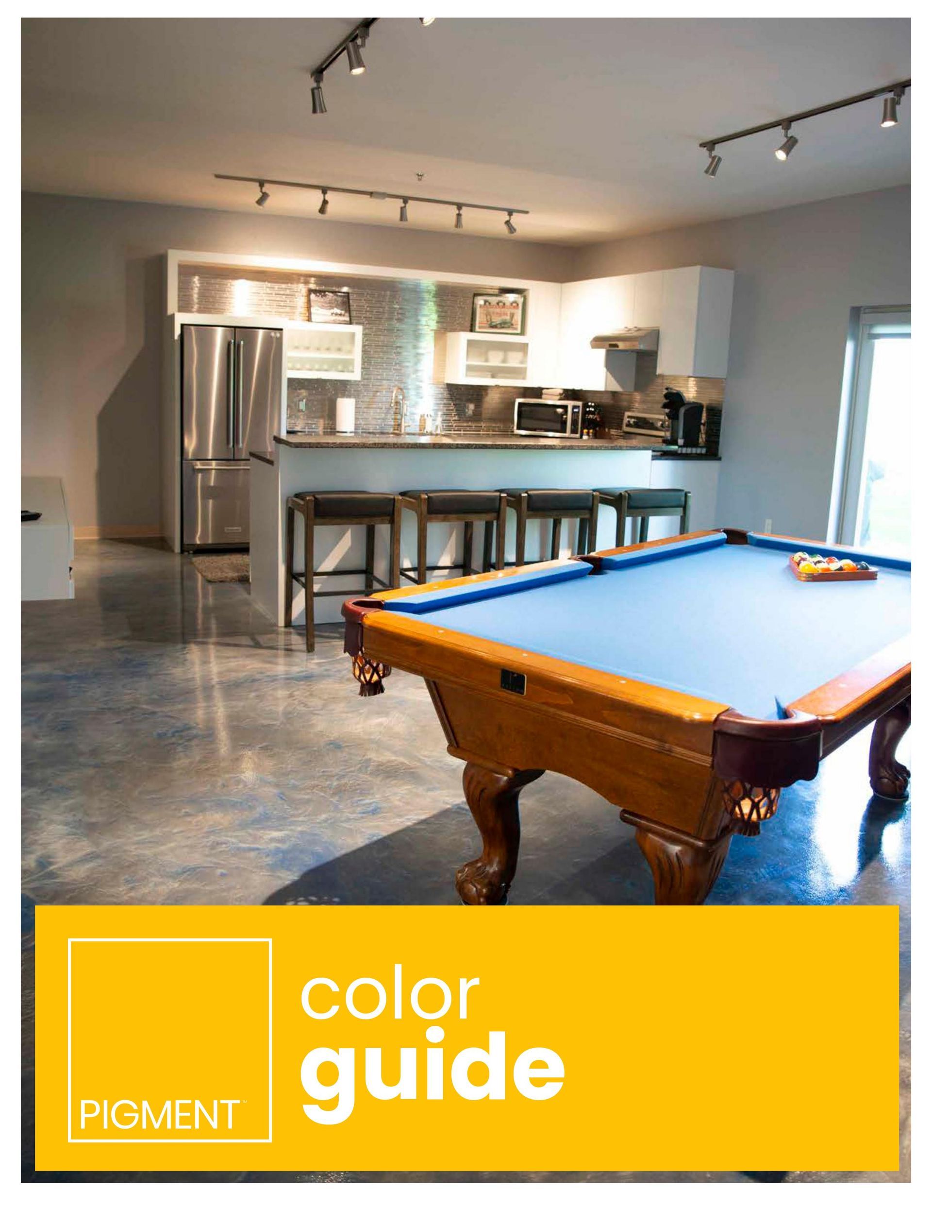Modern basement game room with pool table, bar stools, and kitchen area; Color Guide logo