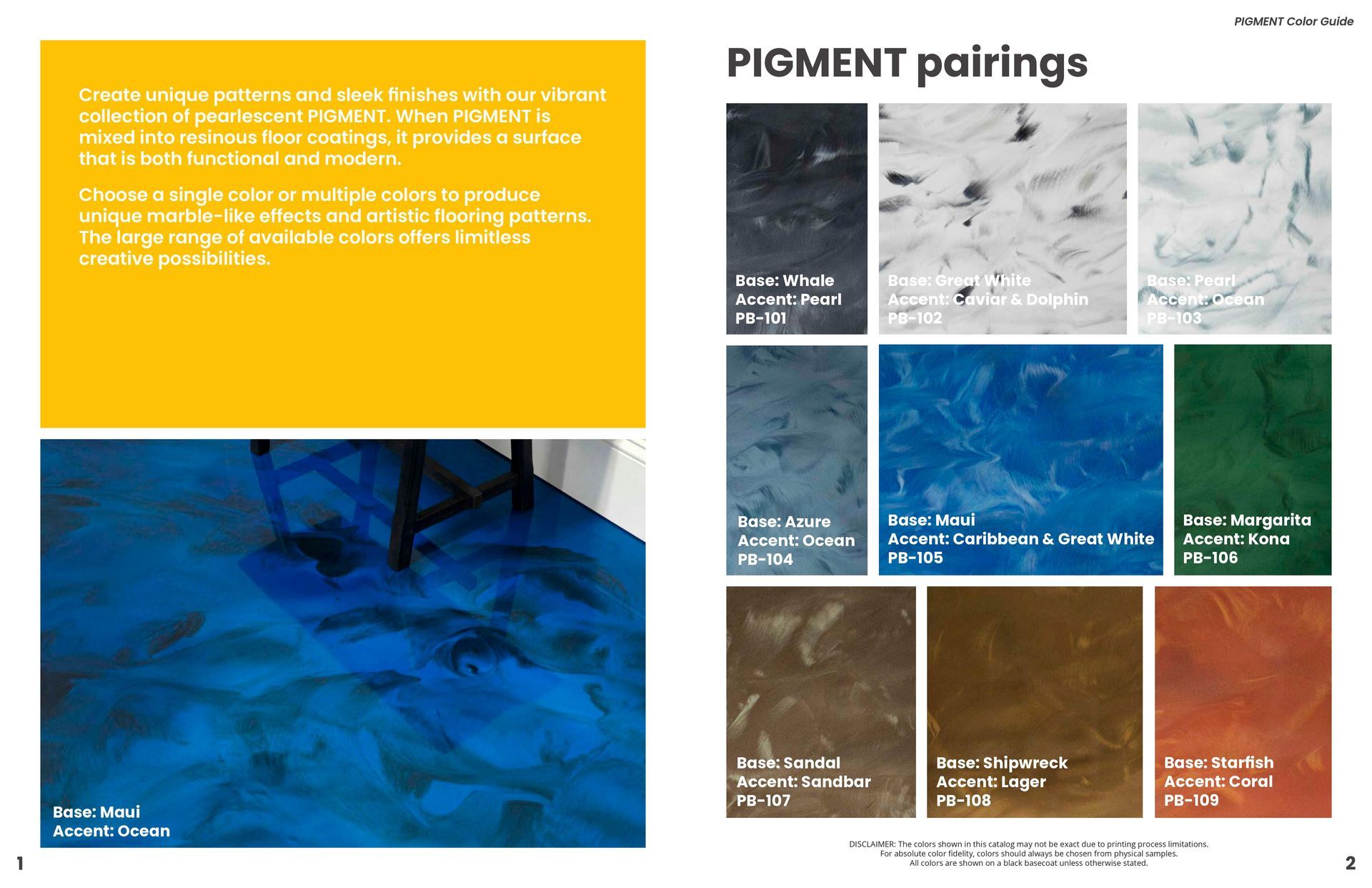 Chart of pigment pairings with color swatches and a blue painted surface sample