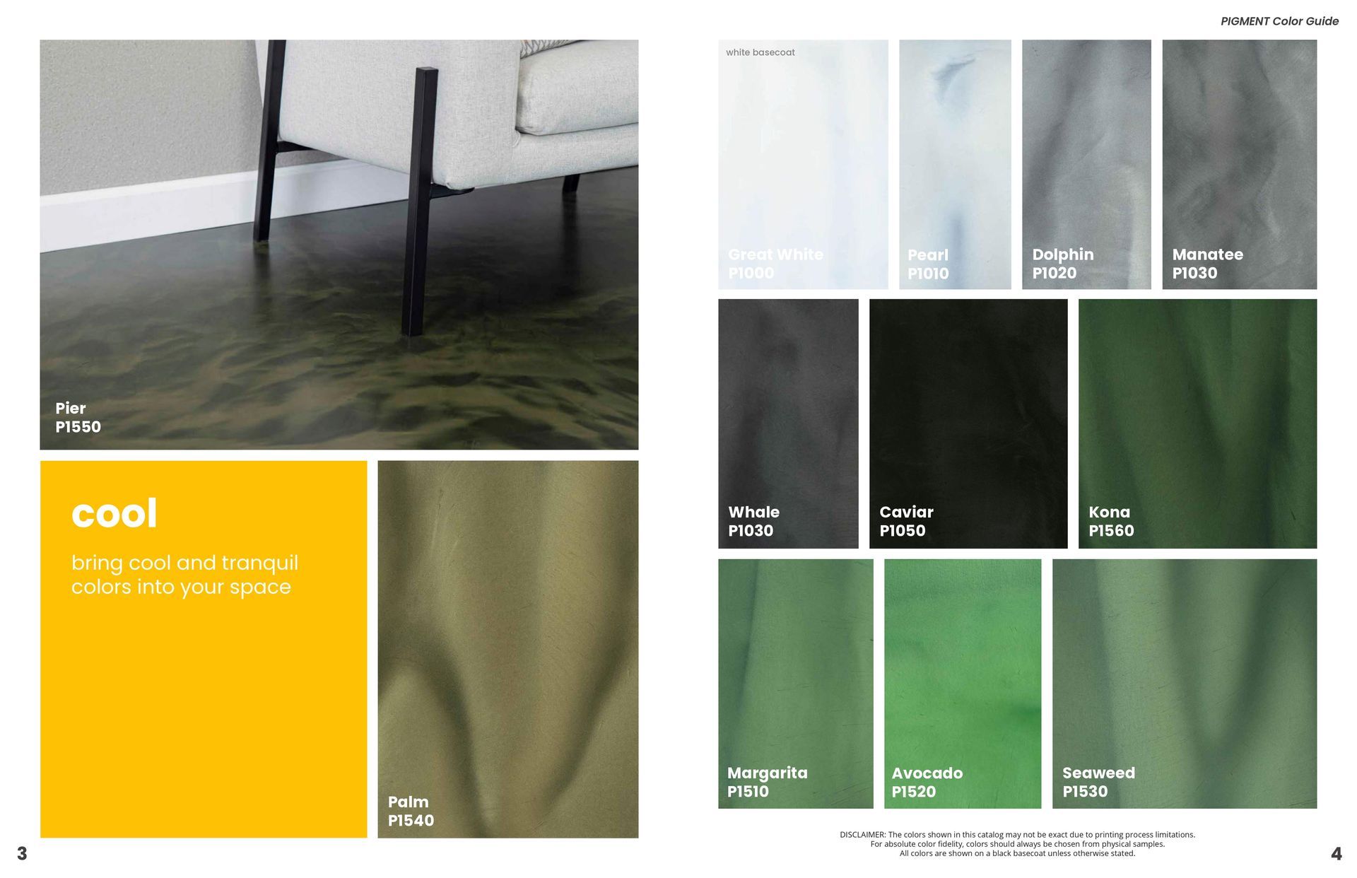 Color palette mood board with muted grays, greens, black, and a bright yellow “cool” swatch.