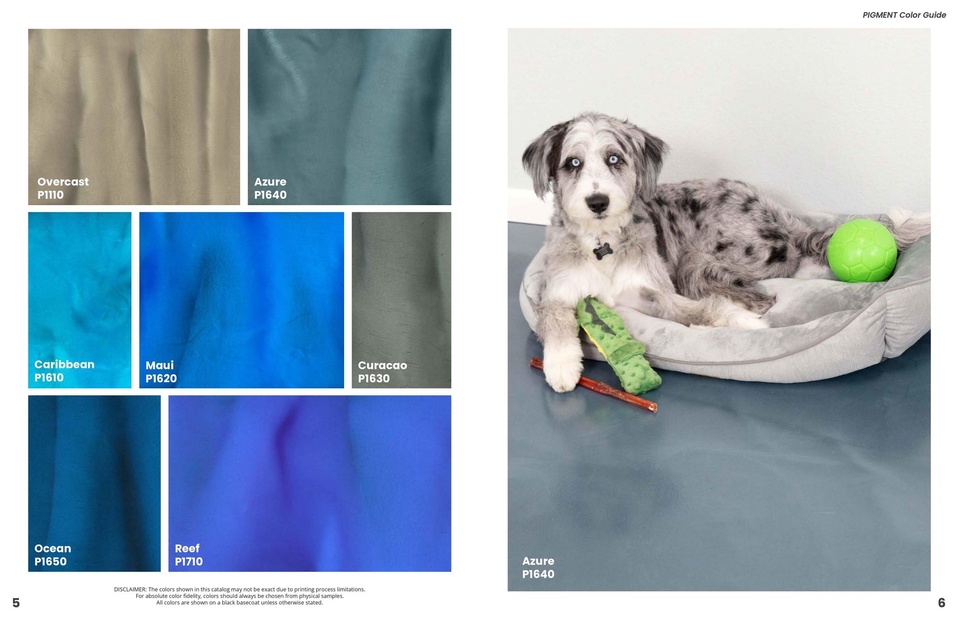 Dog lounging in a gray bed with a green ball and toy beside color swatches.