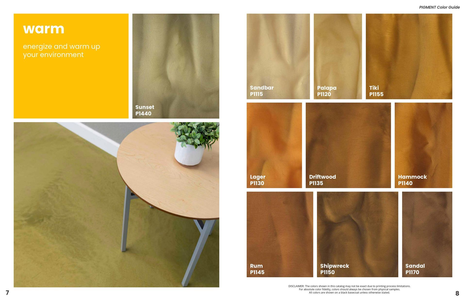 Warm-toned wood grain color swatches and a sample room scene with a round table and plant.