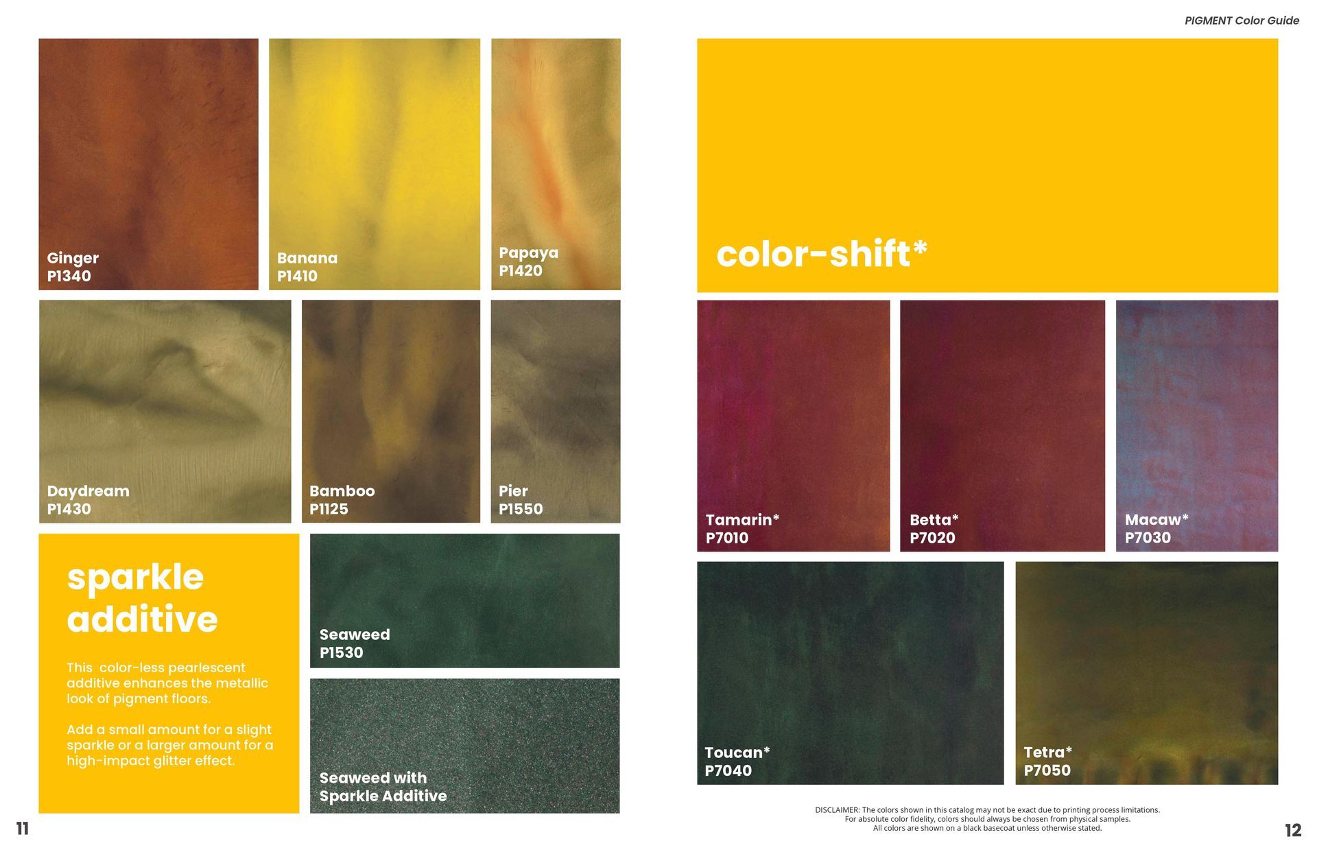 Color palette sample board with orange, yellow, green, and maroon swatches labeled in white text