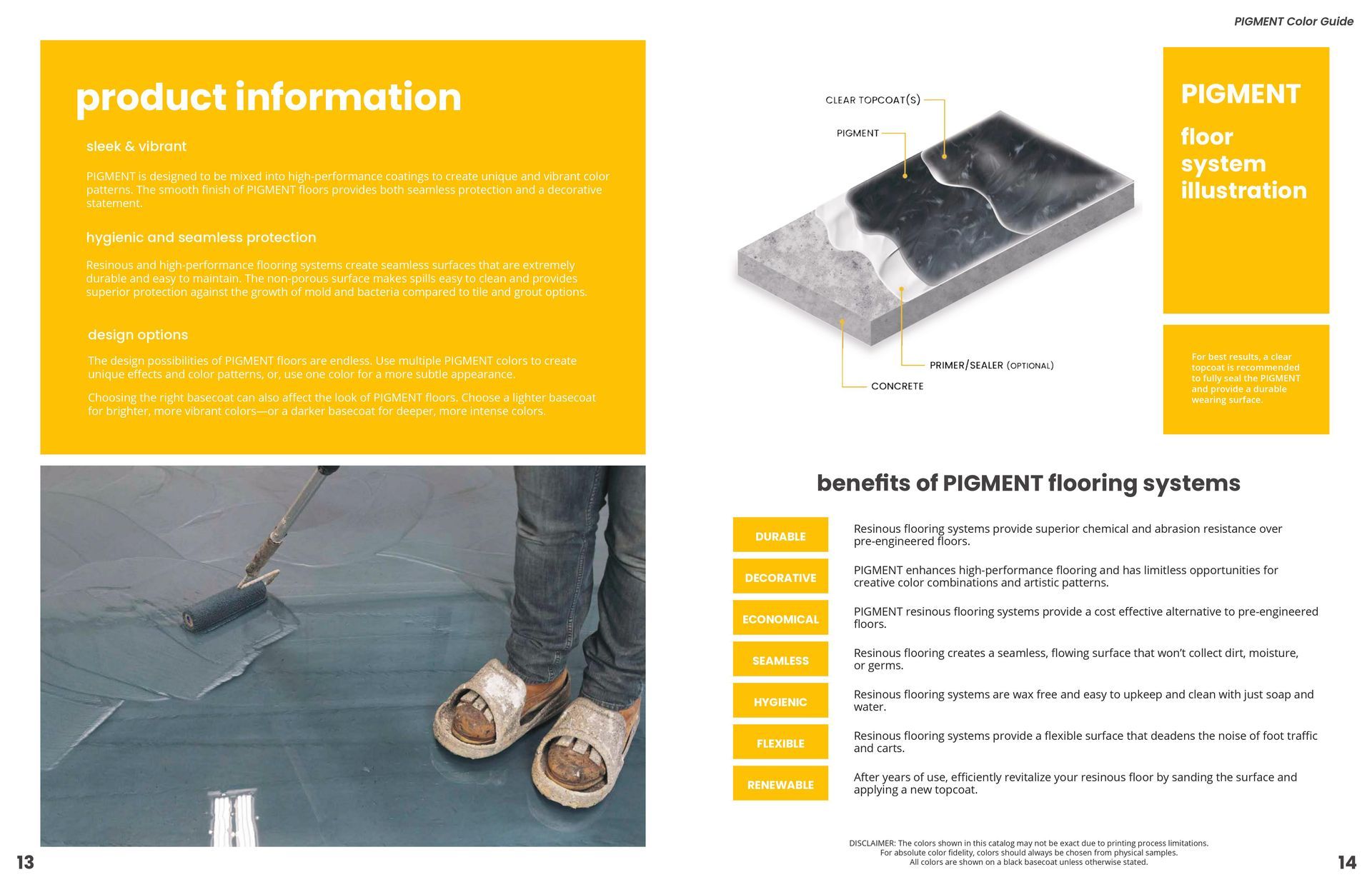 Product information brochure with yellow text panels and photos of a concrete repair mix application