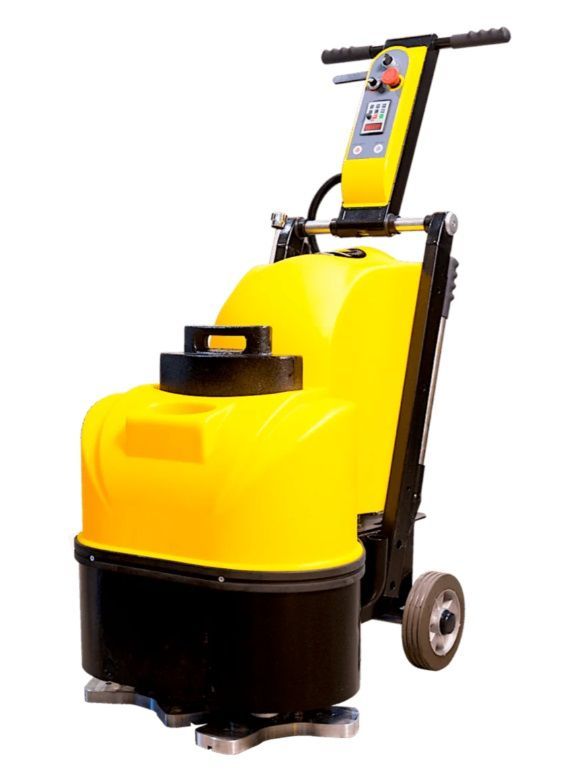 Yellow floor scrubber machine with handle and wheels