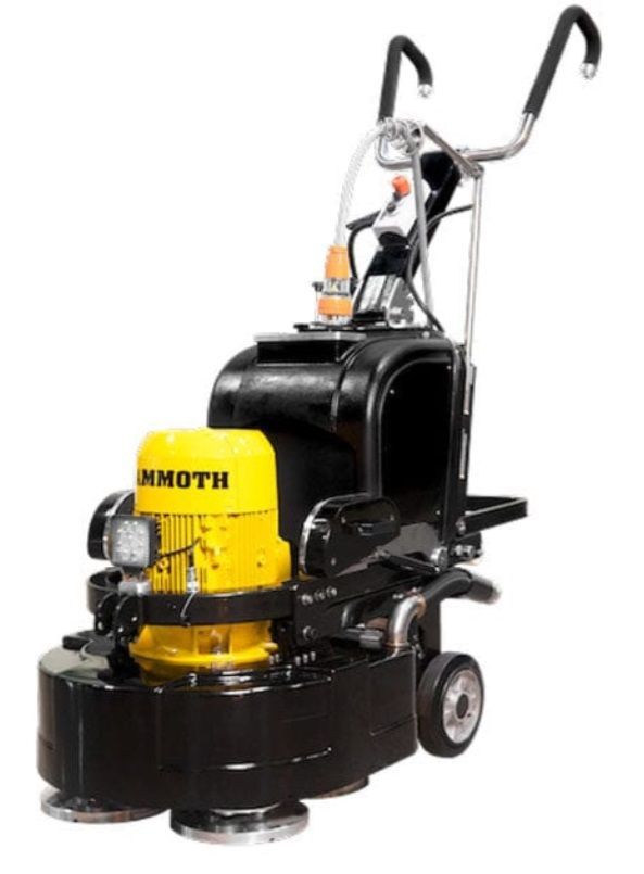 Black and yellow industrial floor scrubber with handle and wheels on a white background