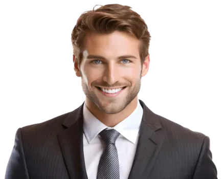 Smiling woman in a black blazer against a white background