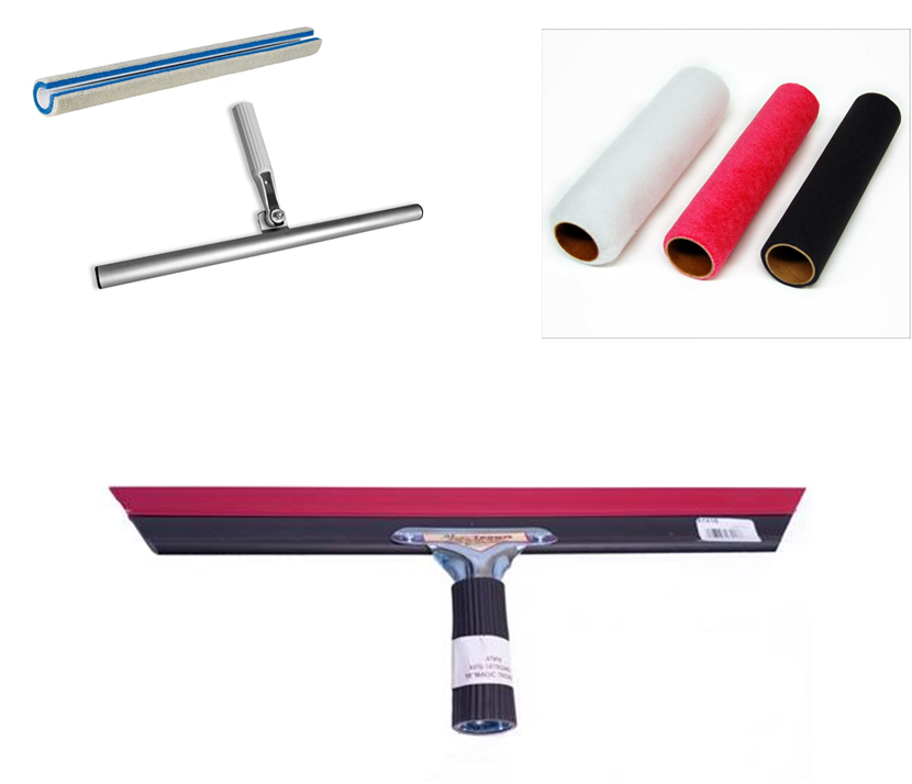 Window cleaning tools: squeegee, replacement rubber blades, and a wide floor squeegee.