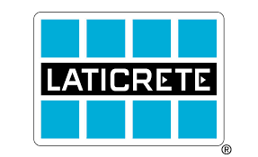 LATICRETE logo with white text on black bar, surrounded by blue squares on a white background