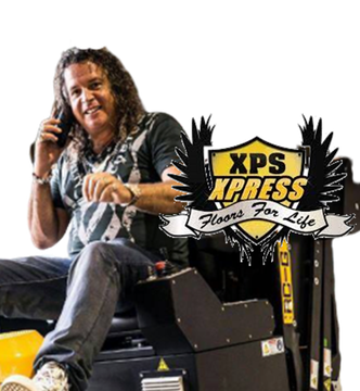 Person seated beside XPS Xpress logo, holding a phone and smiling on a white background