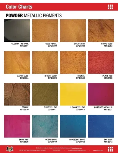 Color chart of metallic powder pigments in gold, bronze, copper, red, green, blue, and purple swatches.