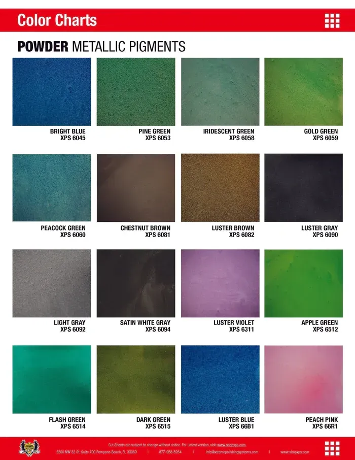 Color chart of powder metallic pigments with multiple labeled color swatches.