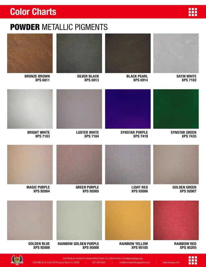 Color chart of metallic pigments with 12 labeled color swatches on a white background